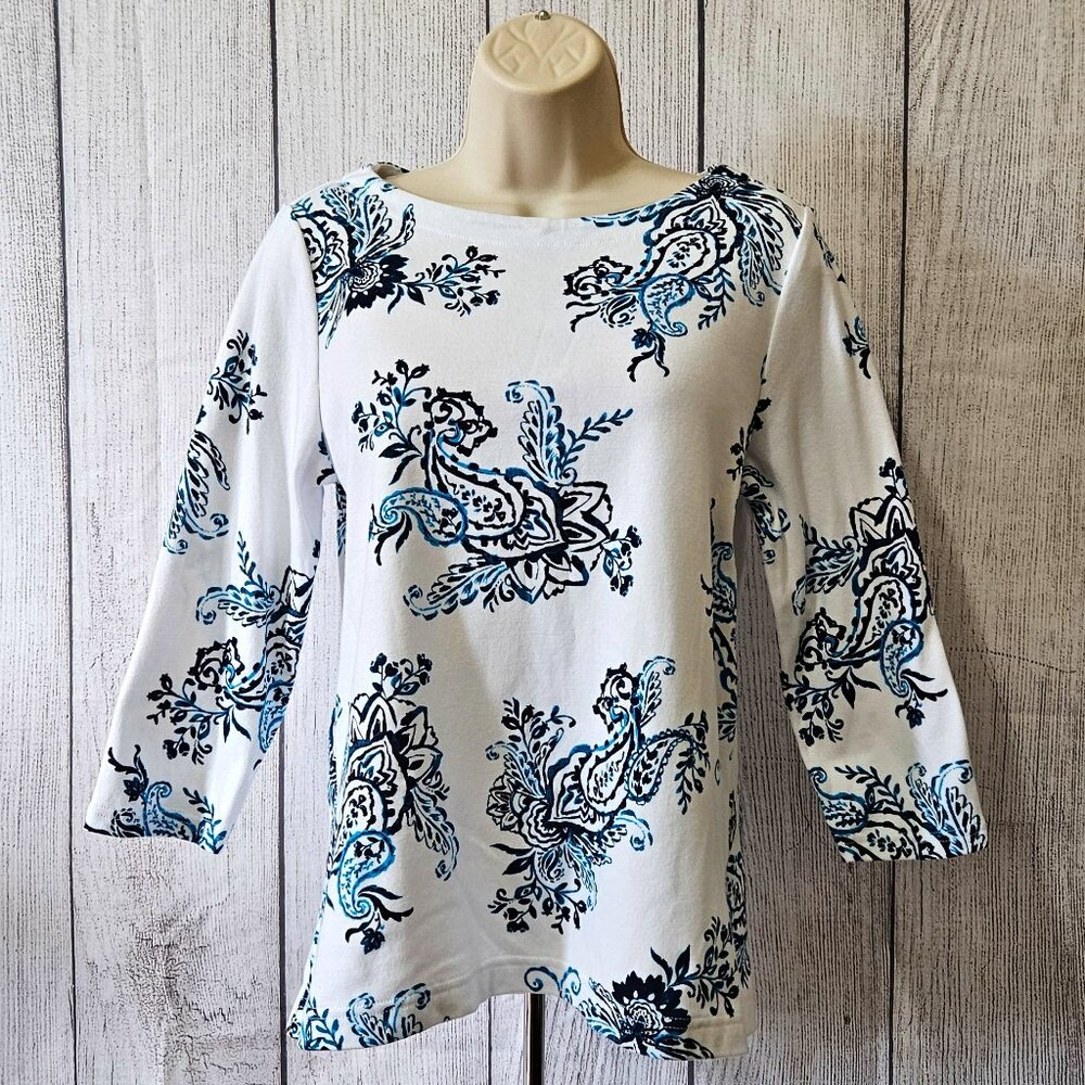 Croft & Barrow 3/4 Sleeve Pullover Cotton Paisley Boatneck Shirt - Picture 2 of 8